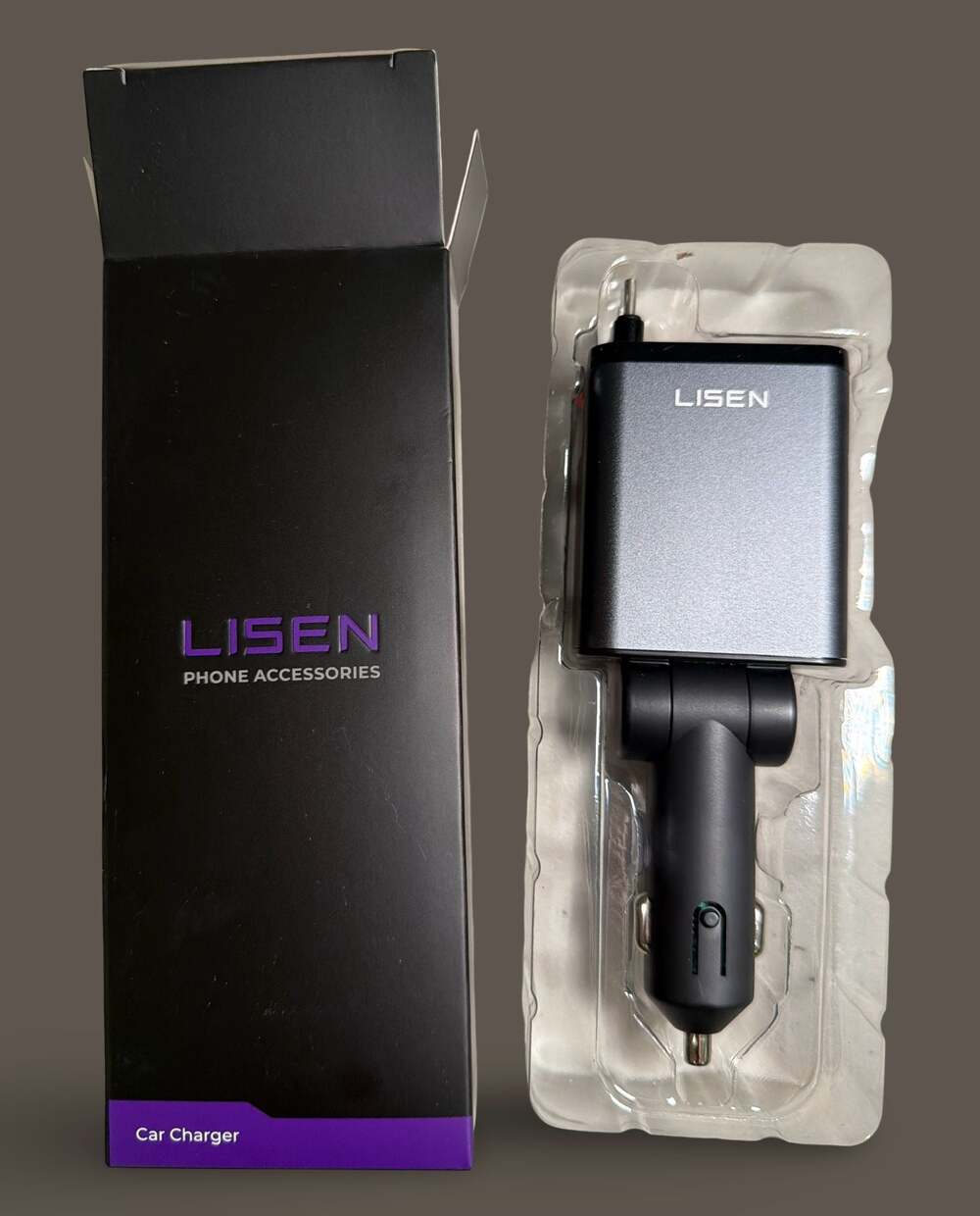 LISEN B104 Car Charger with Retractable Cable, Black and Gray, 2.3ft